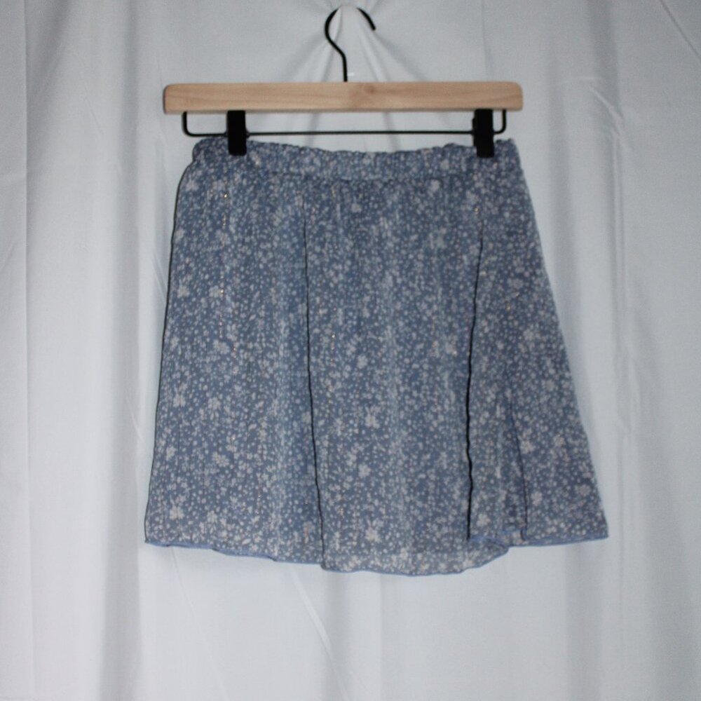 Originality Blue White Gold Floral Sheer Mini Skirt Elastic Waist Small